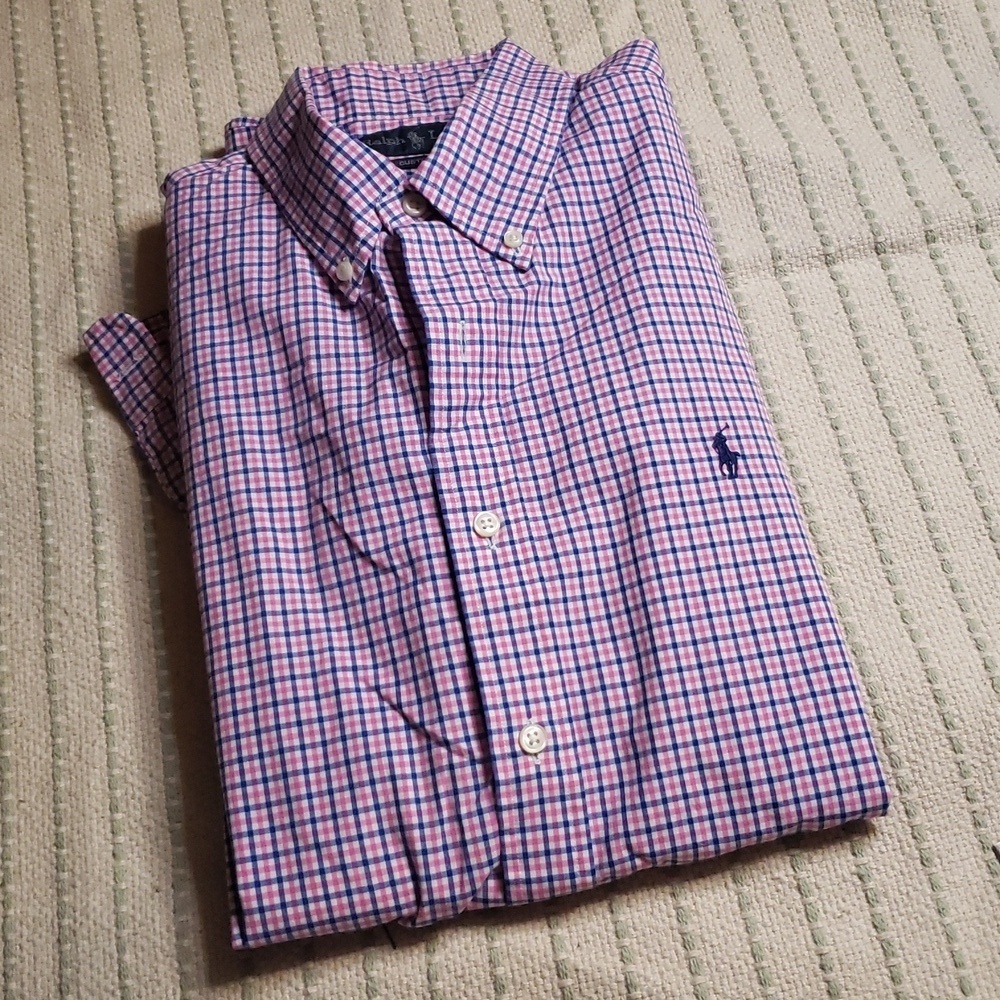 Ralph lauren men's "custom fit" pink/blue/white mini checkered button down larg